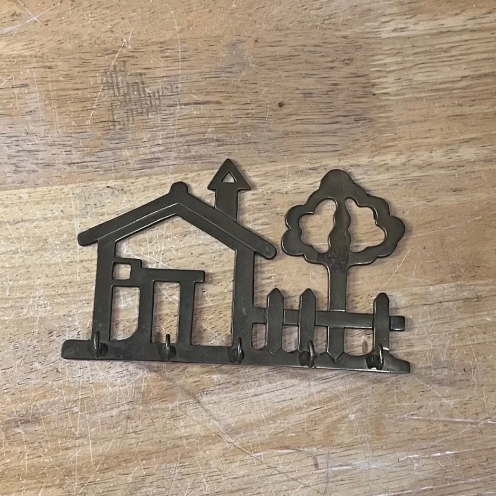 Vtg Solid Brass House Picket Fence Tree Wall Key Rack Hook Organizer 7.75in